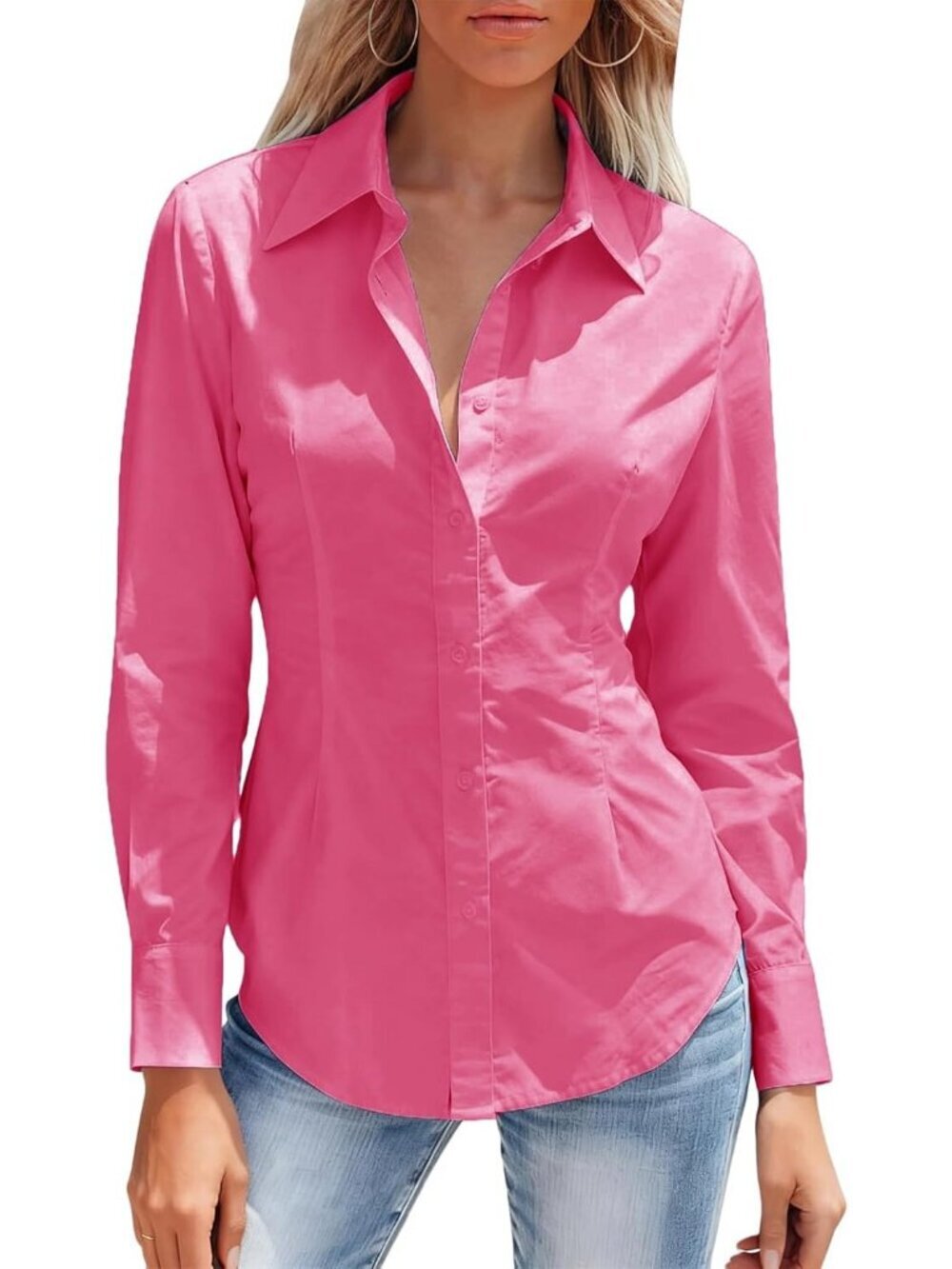 Women Sakura Pink Long Sleeve Button Down Shirts Collared Dress Wrinkle Free Top